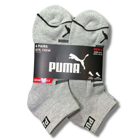 PUMA SOCKS MEN'S - QUARTER CUT - GLEE 253 - GRAY BLACK - LARGE (10-13) PACK 6 XX