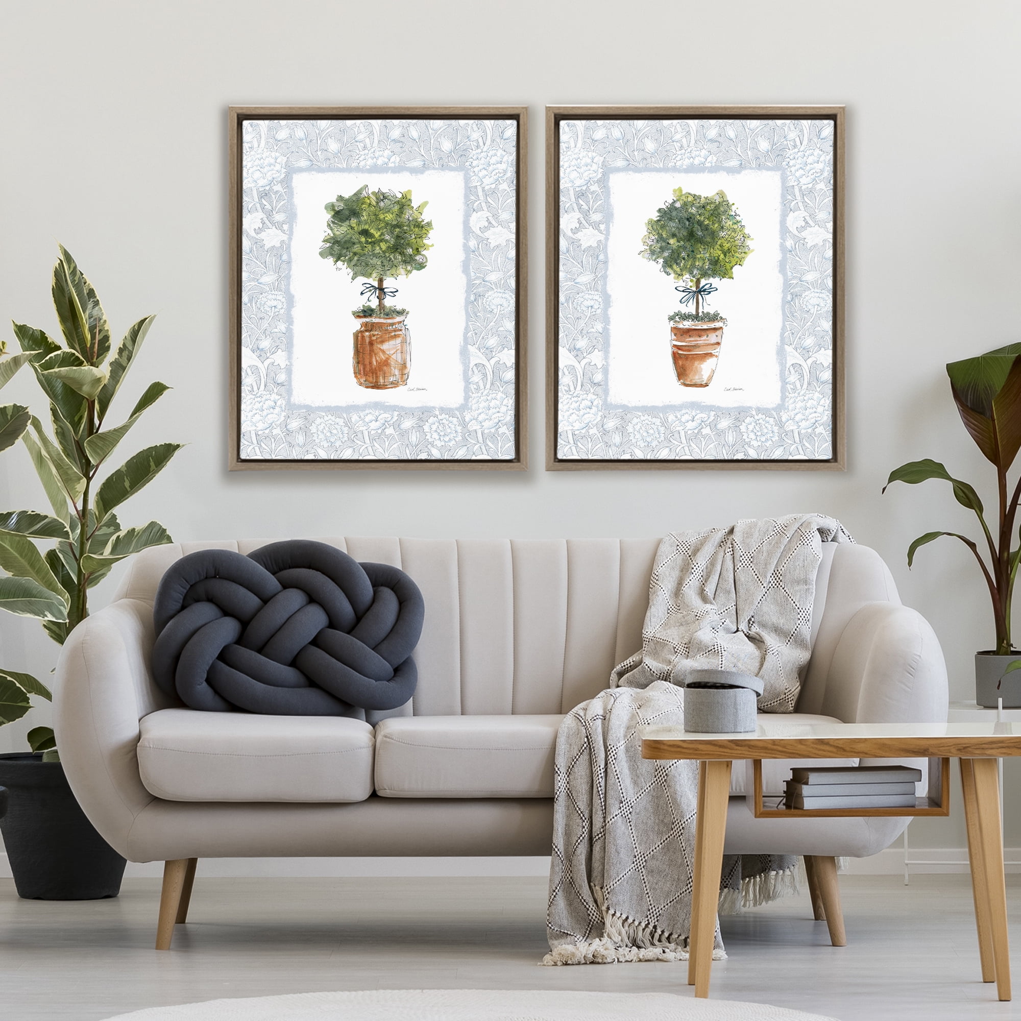 Stupell Industries Potted Topiary Plants 2 Piece Brown Framed Floater Canvas Set, design by Carol Robinson