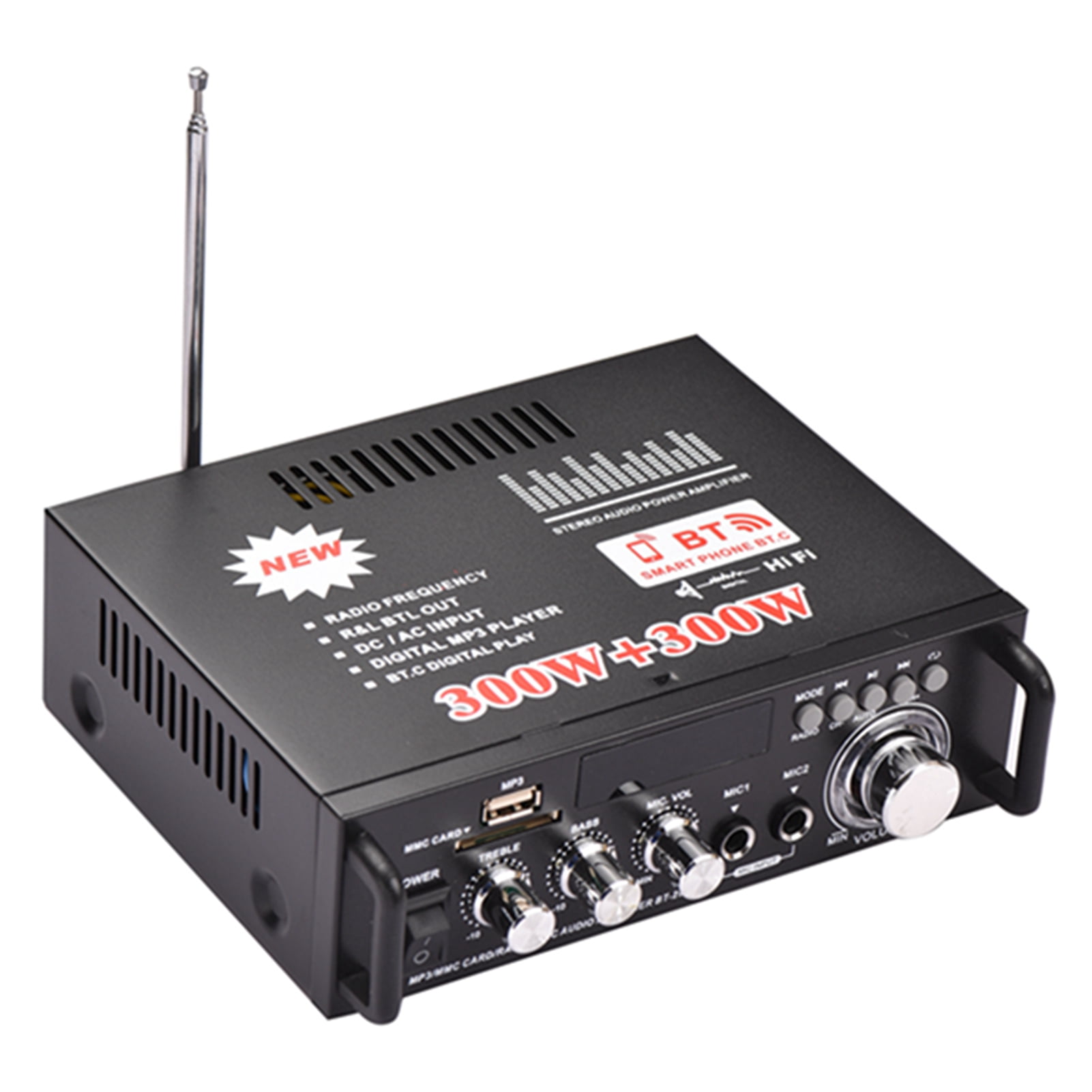 Audio 12V / 220V Mini Audio Power Amplifier 2CH 300W+300W For Car Home Use BT Digital Audio Receiver AMP USB Memory Card Slot Digital MP3 Player FM Radio LCD Display Dual Mic Input