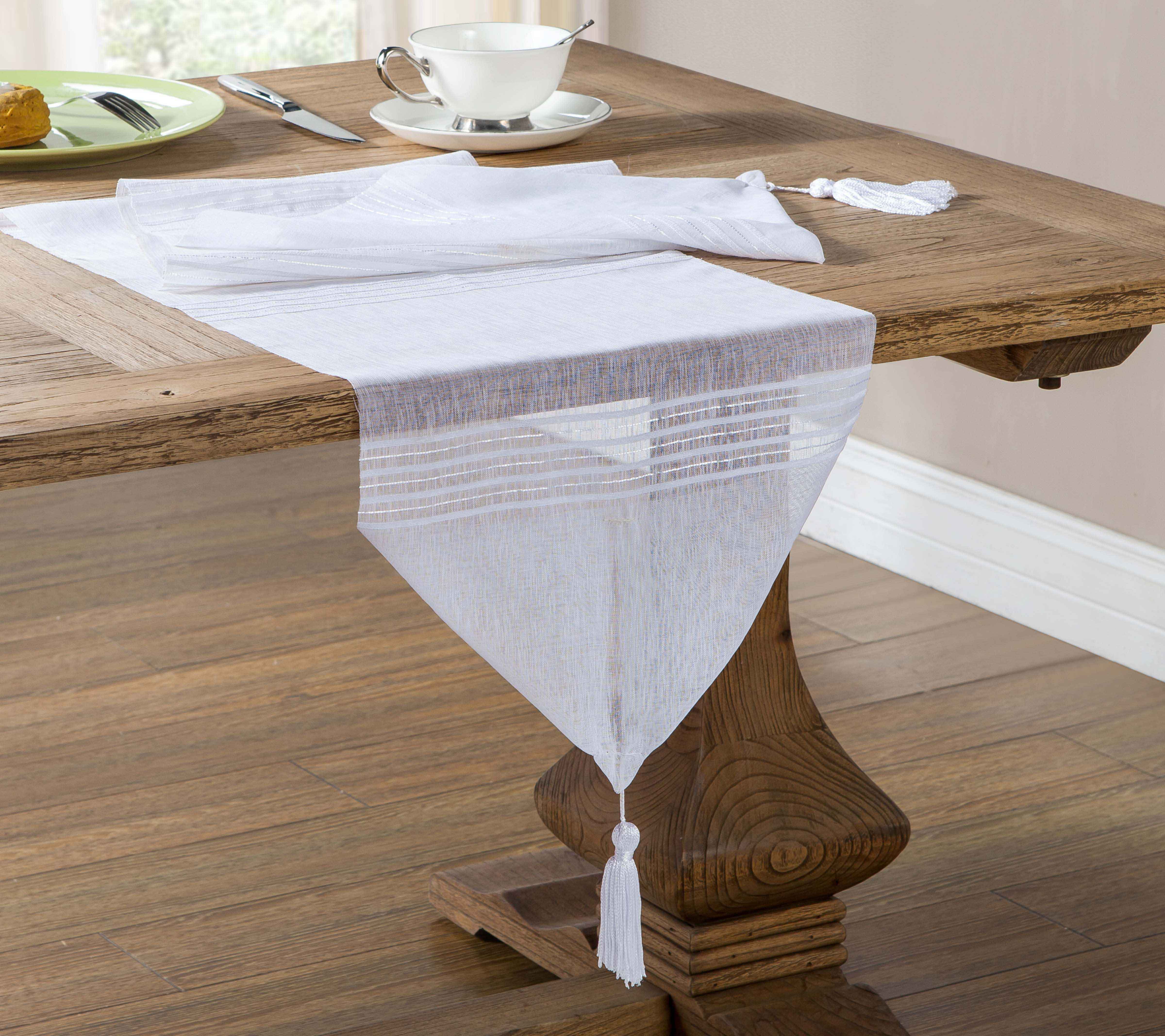Home Maison White Sheer Table Runner with Stripe Design and Tassels