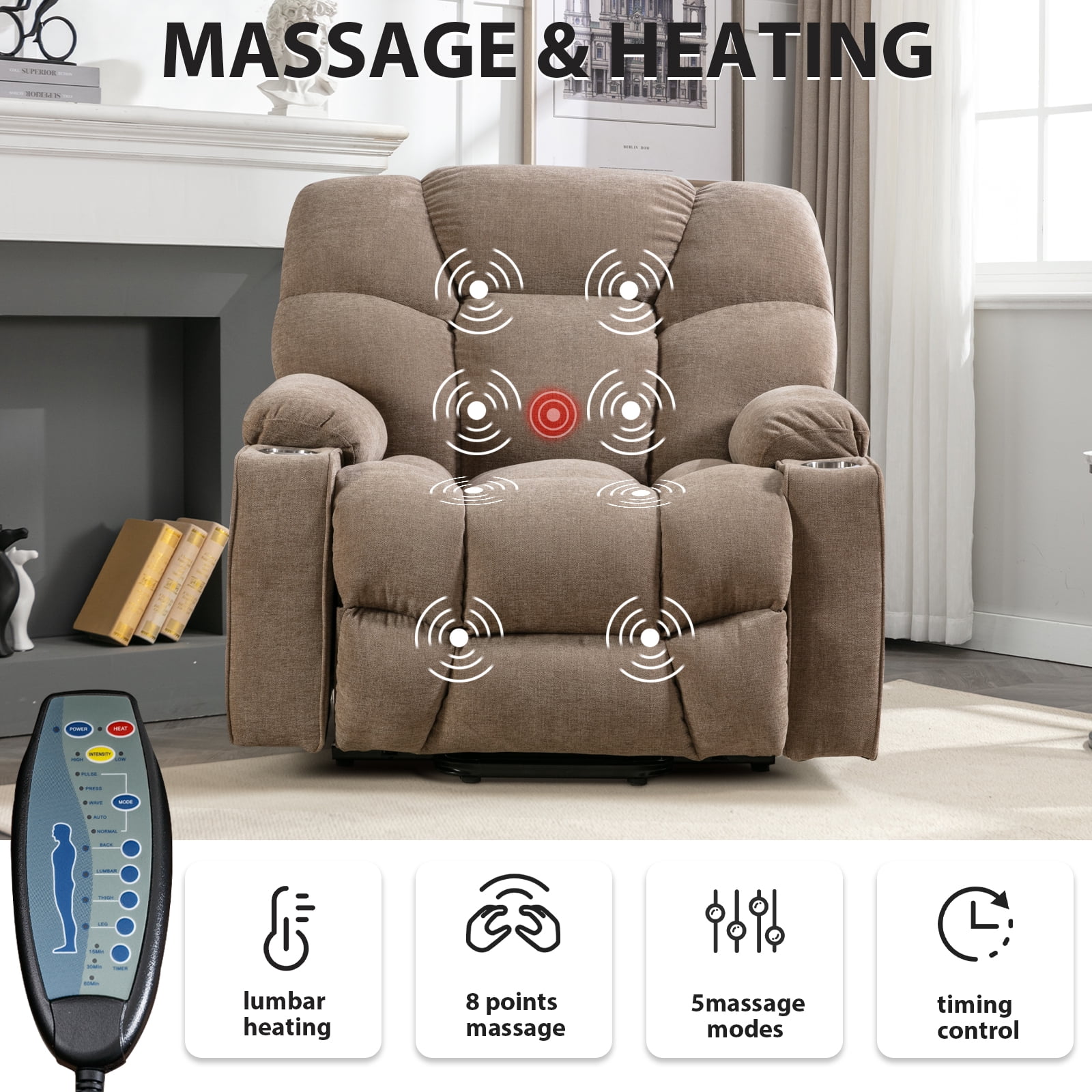Bonzy Home Oversized Power Lift Recliner,Elderly Lift Chair with Heat Therapy and Massage Function,Remote Control,Side Pocket,Living Room Camel