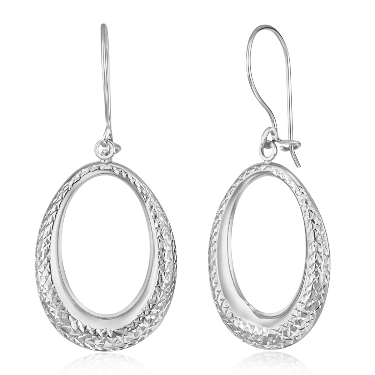 Wellingsale Ladies 14k White Gold Polished Diamond Cut Fancy Oval Hoop