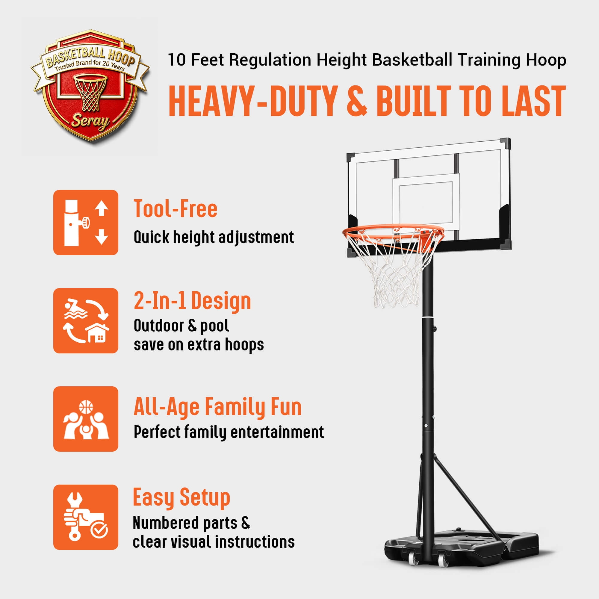 SERAY Adjustable Basketball Hoop for Kids, Teens & Adults, 3.3 to 10 feet Height, 40 inch Backboard, Portable with 2 Wheels, Indoor/Outdoor Use
