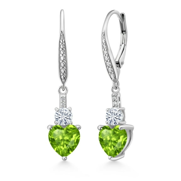 Gem Stone King 925 Sterling Silver Green Peridot White Moissanite and White Lab Grown Diamond Drop Dangle Earrings for Women (2.89 Cttw, Heart Shape 7MM, Round 4MM)