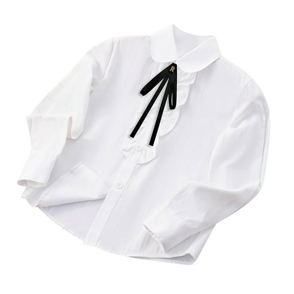 Miqool Girl's Dress Shirts Ruffle Front Long Sleeve Collared Button Down Shirts White Blouses School Uniform 4-16 Years