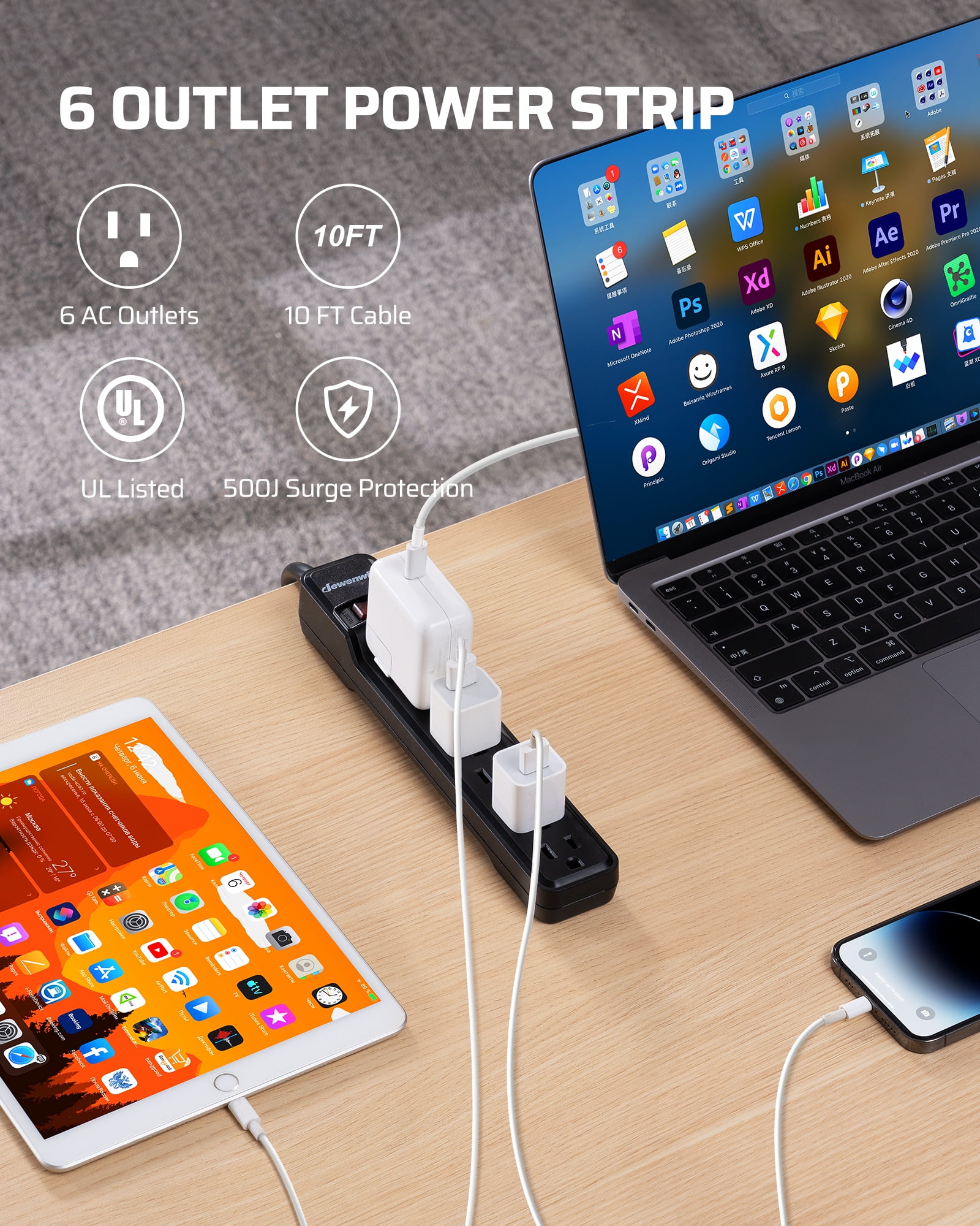 DEWENWILS 6-Outlet Surge Protector Power Strip with 10ft Long Extension Cord, Low Profile Flat Plug, 500 J, Black
