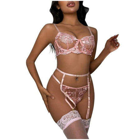

JeashCHAT Sexy Lingerie for Women Sexy Three-piece Set 2022 New Product Sequin Embroidery Stitching With Steel Waist Seal Three-piece Set