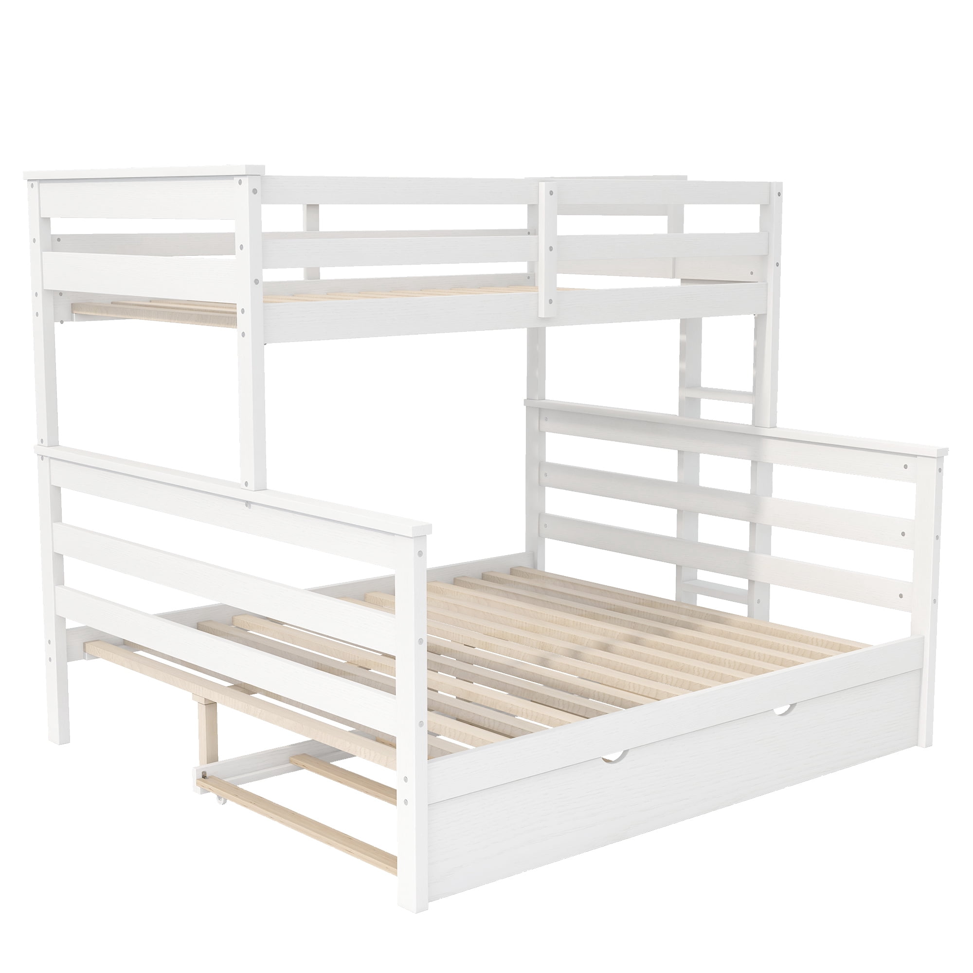 Euroco Wood Twin XL over Queen Bunk Bed with Trundle, 3 Beds in One Design, White