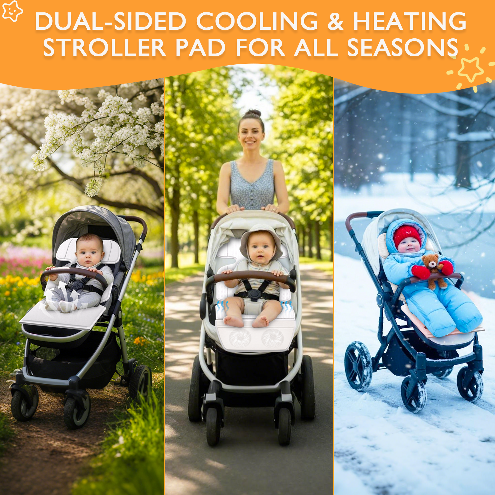 YunBaby Baby Stroller Cooling & Heating Pad, USB-Powered Pad with 2 Fans, 3 Speed Settings & Timer, Dual-Layer Mesh for Car Seat, Stroller, Crib, All-Season Baby Comfort
