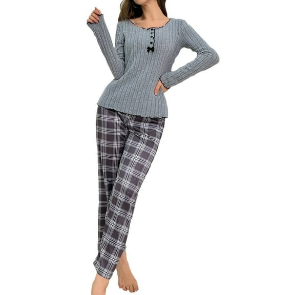 Fall/Winter Buttoned Bowknot Long-Sleeved Plaid Pants Home Set for Women