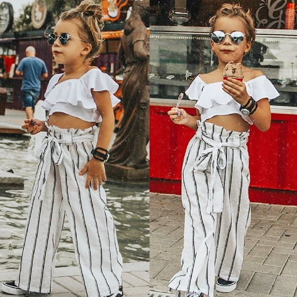 Toddler Baby Girls Clothes Ruffle Sleeve Crop Top Stripe Pants