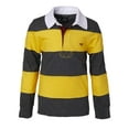 thumbnail image 1 of Boys Cotton Striped Long Sleeve Polo Rugby Shirt - Mustard/Charcoal  - Size 8, 1 of 3