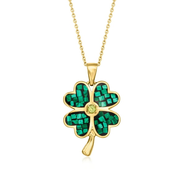 Ross-Simons Carved Malachite Inlay 4-Leaf Clover Pendant Necklace With .10 Carat Peridot in 18kt Gold Over Sterling, Women's, Adult