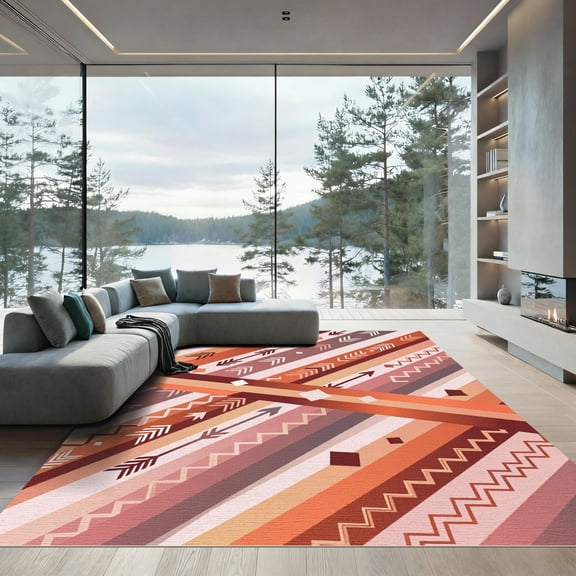 ODIKA 4'x6' Machine Washable Non-Slip Area Rug, Geometric Rust High Traffic Rug, Brown, 1290108
