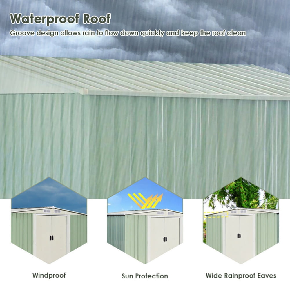 Spaco 8x8 Feet Outdoor Garden Galvanized Steel Storage Shed with Sliding Door-Light Green, Tools Bike Accessories, Beach Chairs and Push
