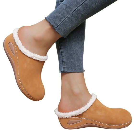 Slippers for Women Suede Closed Toe Wedge Heel Clogs Antislip Casual Furry Lined Home Indoor Slip on Slides Shoes Khaki Size 7