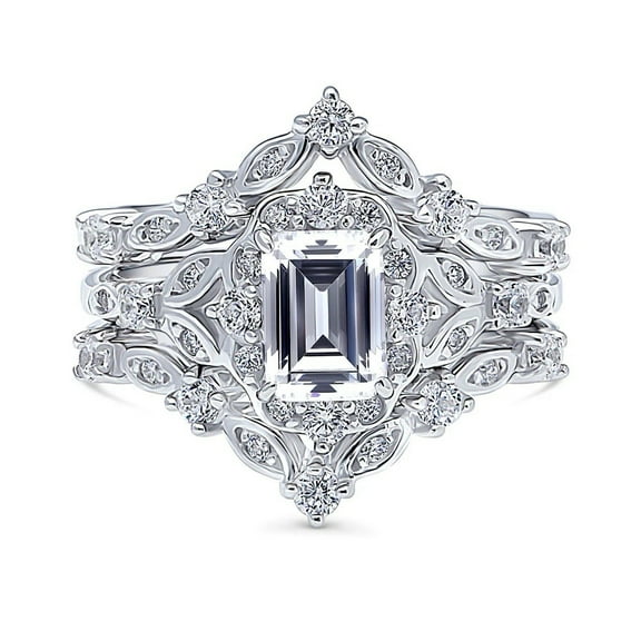 Trio Set Diamond Engagement Ring, Wishbone Diamond Ring Set, Emerald Cut Diamond Bridal Ring Set, 925 Sterling Silver, 2.7 Ct Simulated Diamond, 3 Piece Diamond Ring Set For Special Occasion