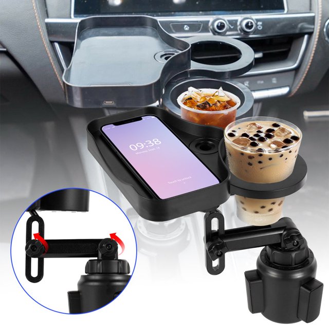 Car Cup Holder Expander Adjustable Cup Holder with Attachable Tray 360° Rotatable Car Mount Cup Table Organizer with Phone Holder for Small Water Bottles Coffee Drink Snack Fries