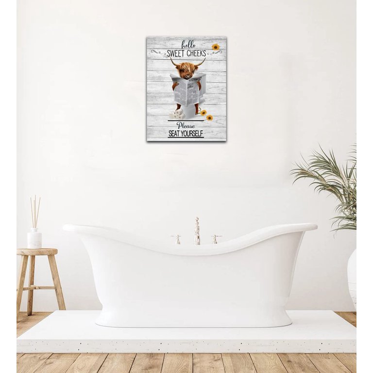 Cartello In Legno Per Bagno 'Hello Sweet Cheeks' | Decorazione Western Con Mucca Highland | 12,7x12,7 Cm - 2