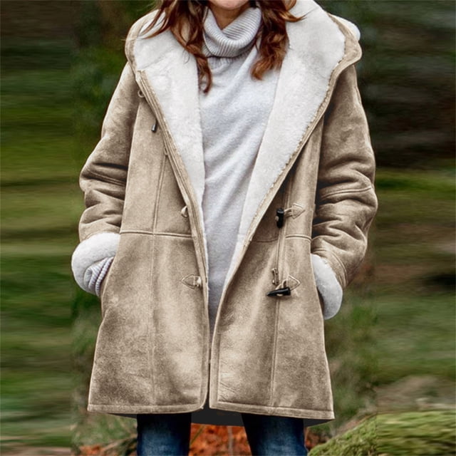 DPTALR Women Winter Plus Size Solid Plus Velvet Coat Long Sleeve Horn Buckle Pocket Overcoat Tops