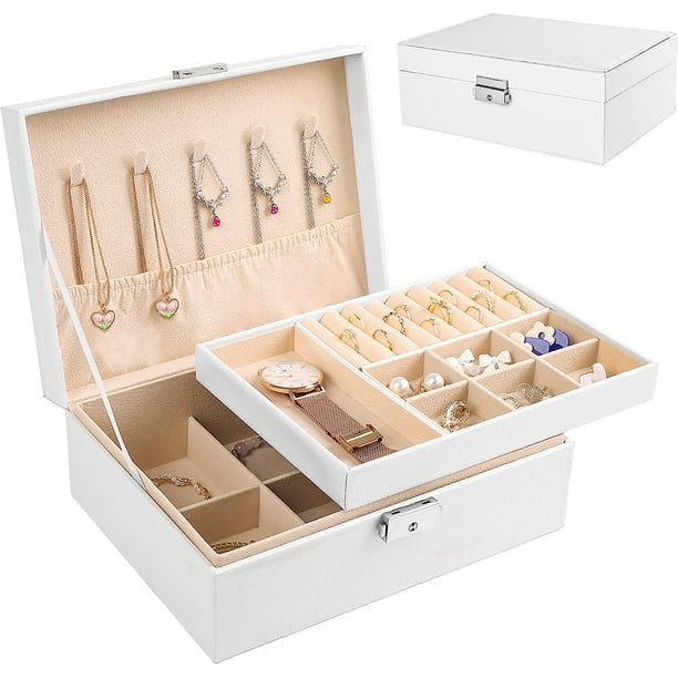 1 joyero para mujeres y niñas, caja organizadora de joyas de 2 capas con cerradura, soporte para joyas de cuero PU con bandeja extraíble, estuche grande para almacenamiento de joyas blanco Sailing Electrónica