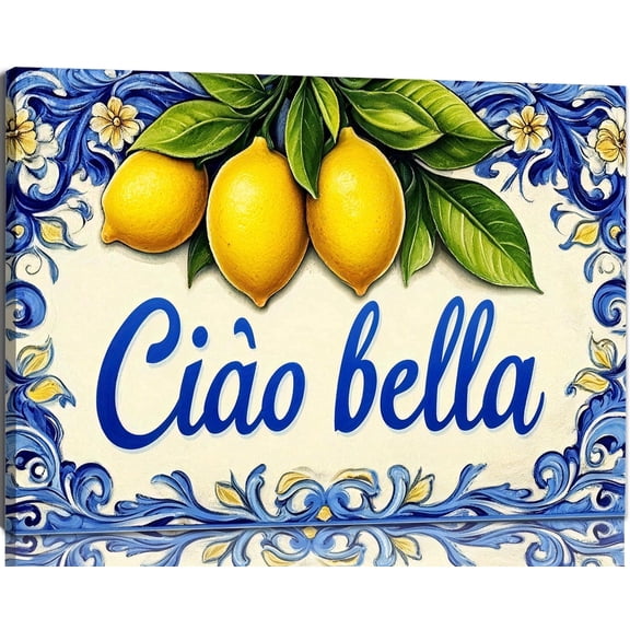 Ciao Bella Mediterranean Lemon Framed Canvas Wall Art - Italian Style Citrus Canvas Prints for Kitchen & Dining Room - Blue and White Tile Home Decor, Multiple Sizes 8*12inch(20*30cm)