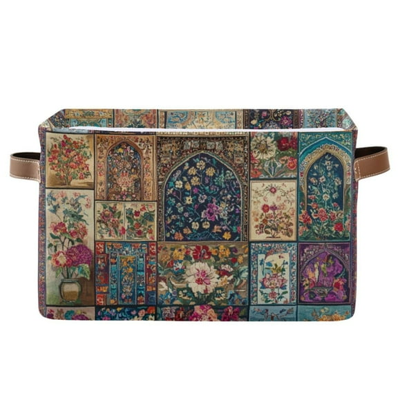 WOBOGO Different Cultural Styles Square Storage Basket with Waterproof Canvas and PE Lining Durable PU Leather Handles 14.2×10.2×8.3in