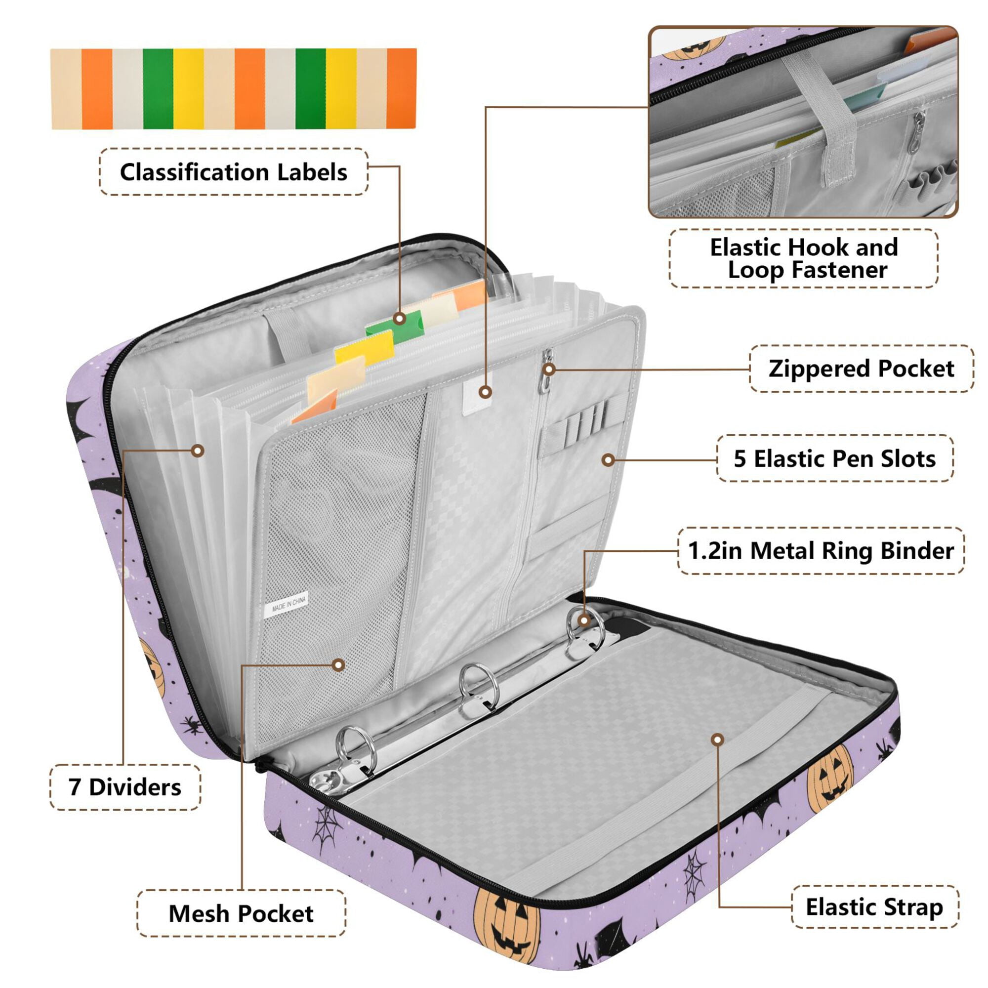 FORMRS Accordion File Folder A4 Size 7-Pocket Expanding Document Organizer Bag with 3 Ring Binder, Light Purple Halloween Black Cat