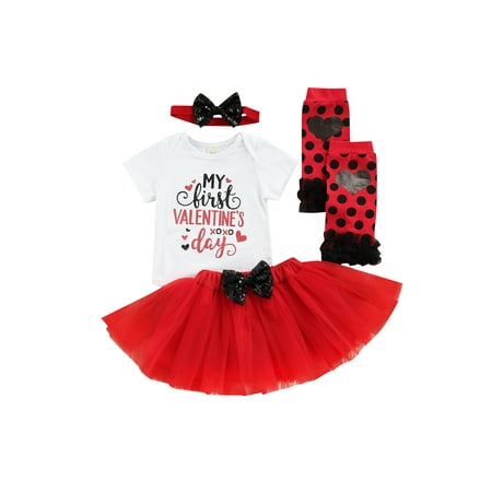 

EYIIYE Valentines Day Baby Girl Letter Print Short Sleeve Romper + Mesh Short Skirts + Headband + Dot Leg Warmers Set 0-24Months