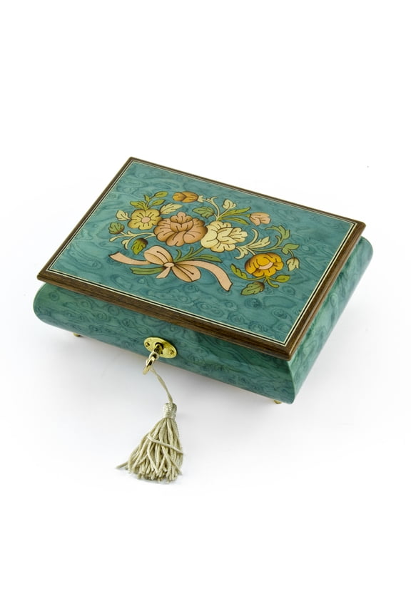 Beautiful 30 Note Turquoise Floral Inlay Musical Jewelry Box with Lock and Key - Beauty and the Beast