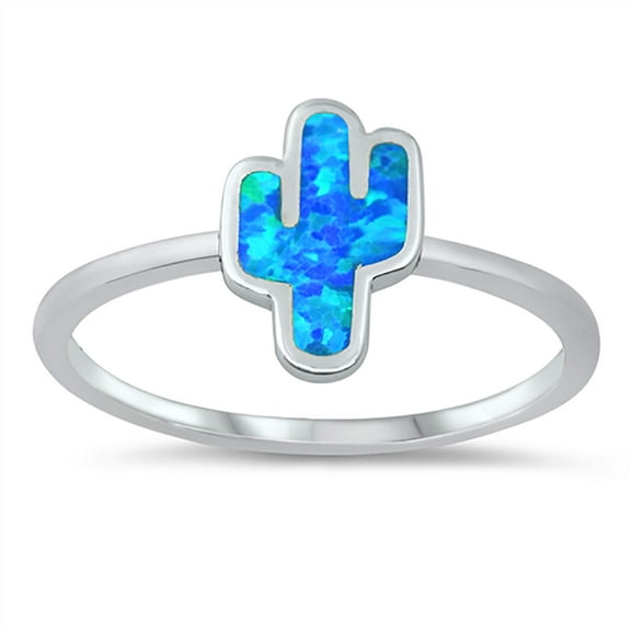 Blue Simulated Opal Cactus Ring Sterling Silver Size 5