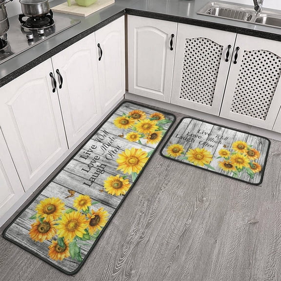 Brythos Grey Sunflower Kitchen Rugs, Absorbent Non Slip Washable Floor Mat Set, 17x30 & 17x47