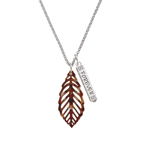 Delight Jewelry Acrylic Large Leaf Pearly Brown Silvertone Forever Bar Charm Necklace, 23"