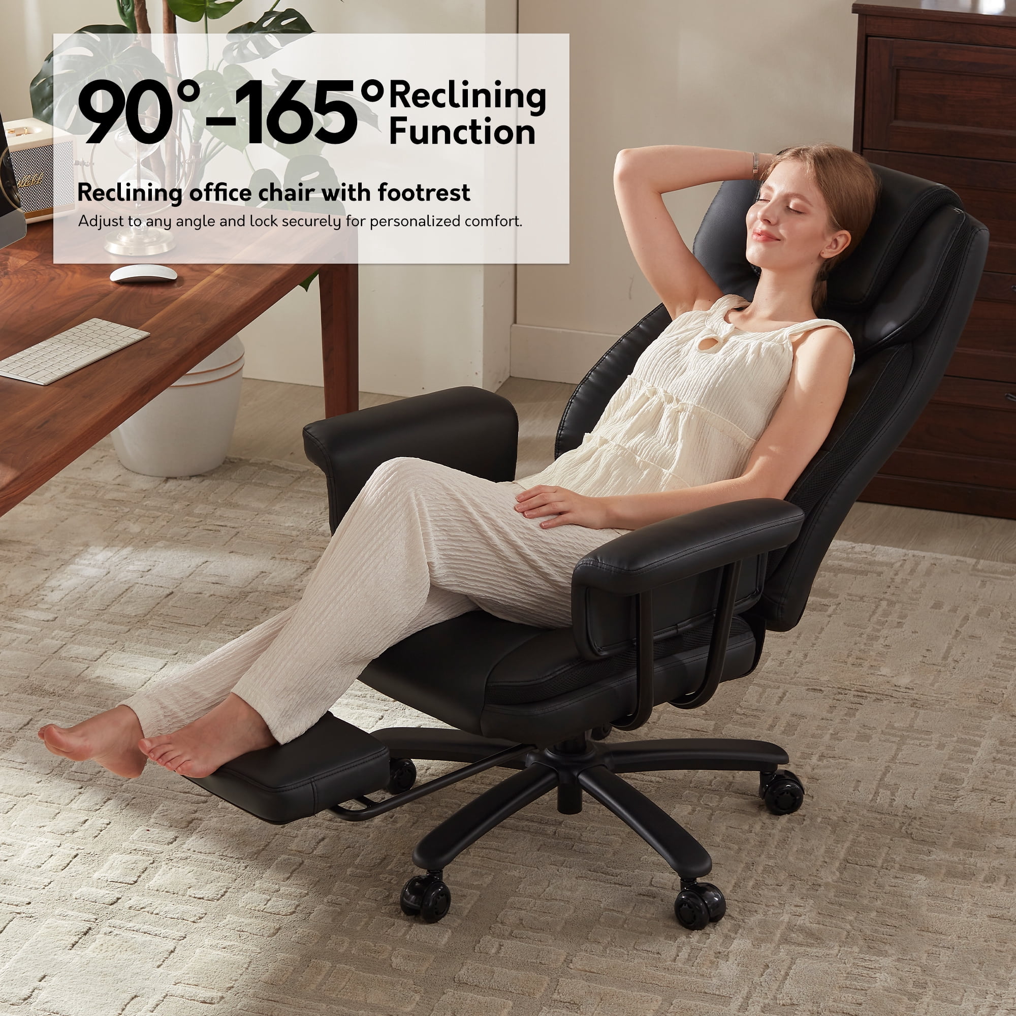Genpo Reclining Office Chair Big and Tall 400LBS, Executive Office Chair with Footrest, Black Leather Computer Desk Chair with Quiet Wheels, Height Adjustable And Padded Arms