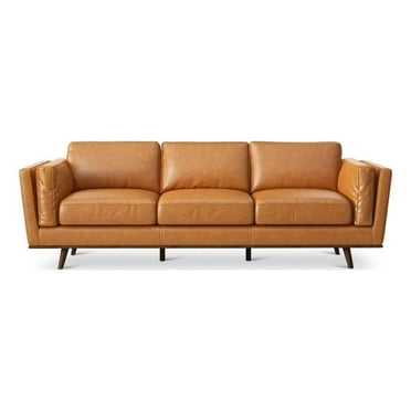 Allora Mid-Century Genuine Leather Upholstered Cushion Back Sofa in Tan
