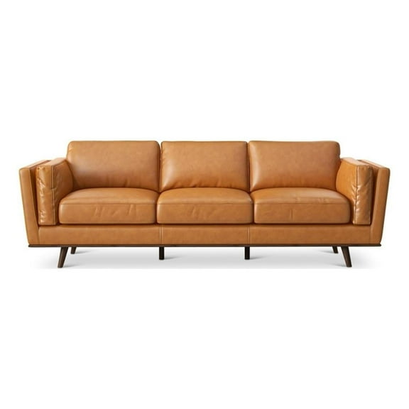 Allora Mid-Century Genuine Leather Upholstered Cushion Back Sofa in Tan