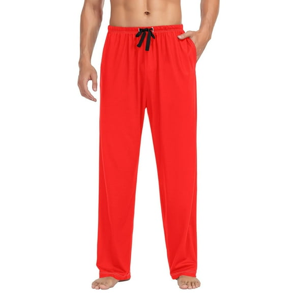 Cotton Mens PJ Pajama Pants Bottoms Waistband Sleepwear with Pockets Red