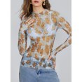 thumbnail image 4 of Argulvti Women Long Sleeve T-Shirts Polyester Floral Print Mesh See-Through Mock Neck Casual Shirts Slim Fit Layering Tops, 4 of 8
