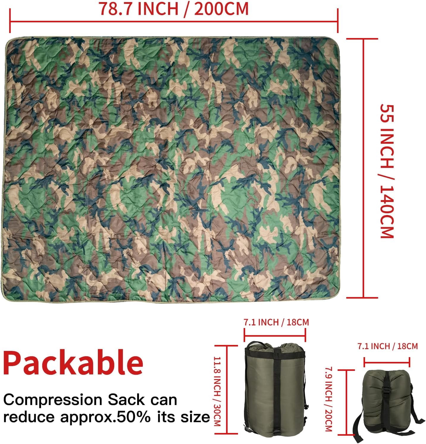 Kylebooker Poncho Liner Military Woobie Outdoor Camping Woobie Blanket for Travel, Beach, Grass, Picnic, Car Emergency, Outdoor, Survival