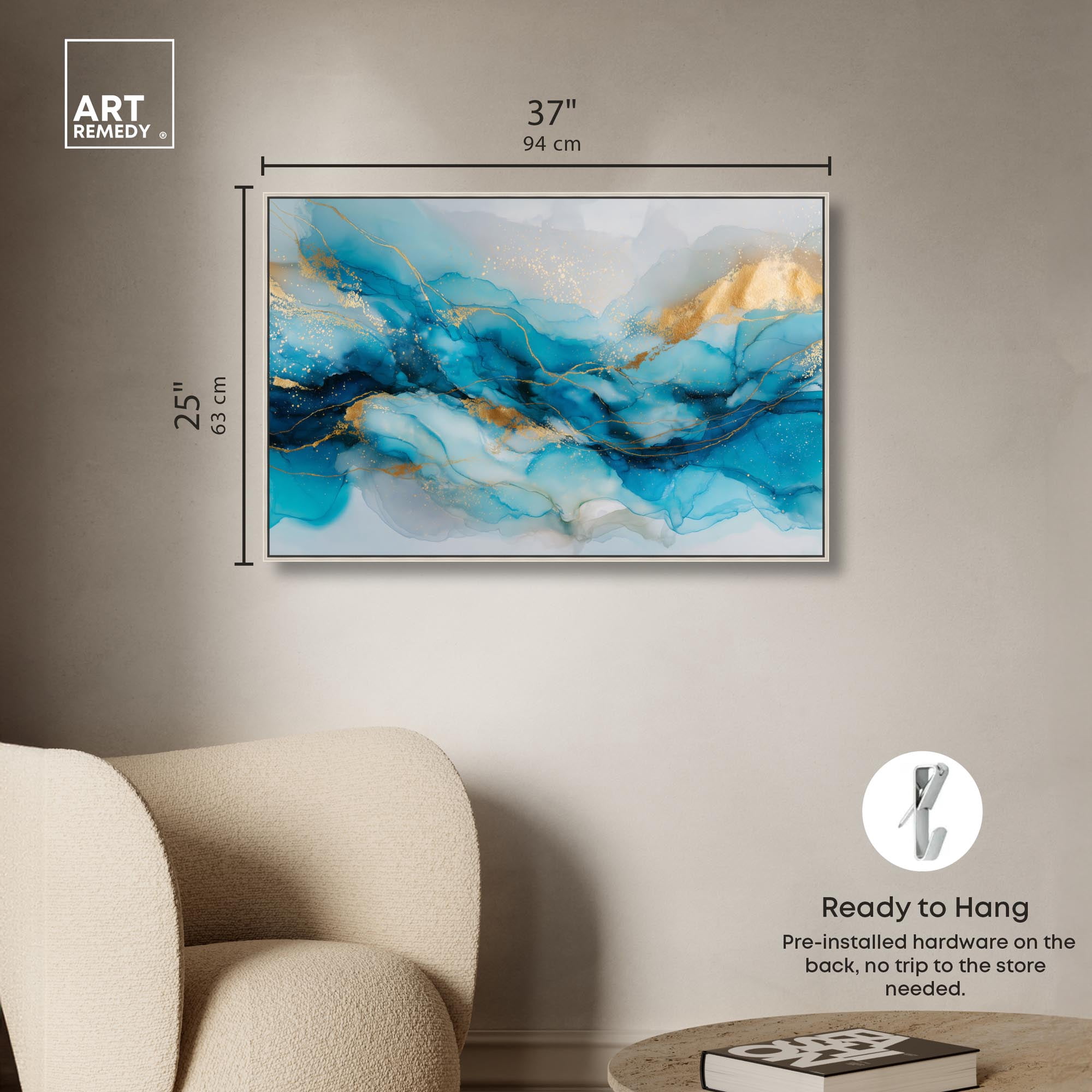 Ethereal Blue and Gold Canvas Abstract Wall Art by Art Remedy, Silver Frame, 36 x 24