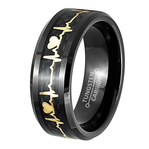 Jewelry Avalanche Black Tungsten Carbide Ring, EKG Heartbeat Inlay Mens Comfort Fit Band 8MM