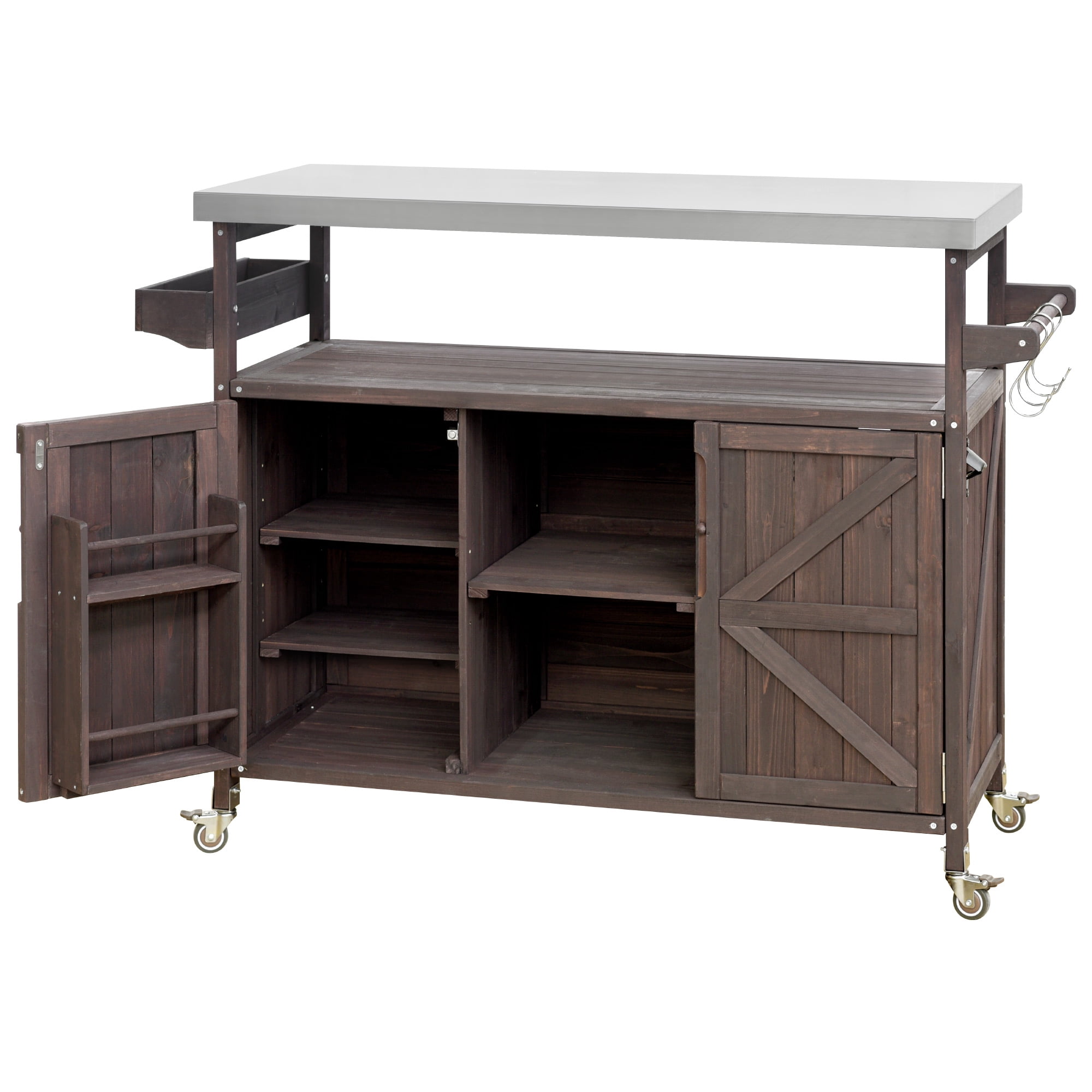 Outdoor Kitchen Island with Stainless Steel Top, Rolling Grill Cart with Storage Cabinet, 4 Locking Wheels, Adjustable Shelves, Spice Rack & Towel Holder, Dark Brown