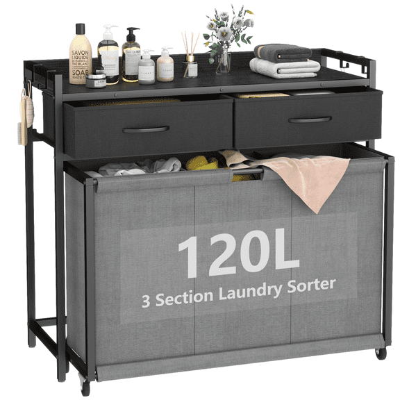Large Laundry Basket with Wheels & 3 Compartments - 3 x 40L Laundry Sorter Bag for Washing, Dual-Drawer Laundry Storage Hamper, Ideal for Laundry Room, Bedroom, Bathroom (Grey)