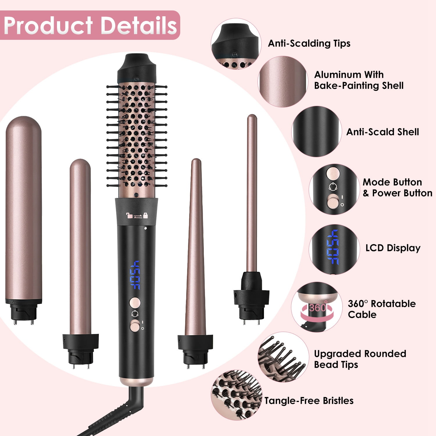 Moclever 5 in 1 Hair Curling Wand, Thermal Brush Curler with 4 Heating Levels 360° Rotatable Cable 1H Auto off, 5 Interchangeable Barrels 2 Clips, Rose Gold