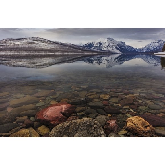 Calm reflection on the first day of spring on Lake McDonald in Glacier National Park, Montana, USA Poster Print by Chuck Haney (18 x 24)