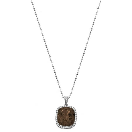 5th & Main Platinum-Plated Sterling Silver Large Cushion-Cut Smokey Topaz Pave CZ Pendant Necklace