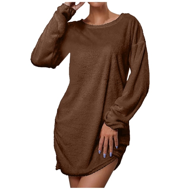 Vestidos Para Mujer Vestidos de Otoño Casual Suelto Cuello Redondo Suéter de Felpa Vestido de Manga Larga Odeerbi ODB133393