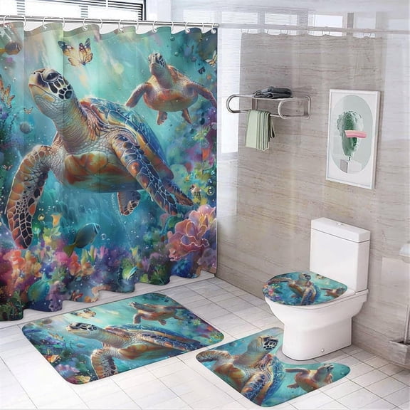 4Pcs Glam Colorful Ocean Shower Curtain Sets with Rugs, Toilet Lid Cover and Bath Mat, Fantasy Sea Turtle Butterfly Bathroom Shower Curtains Set with 12 Hooks