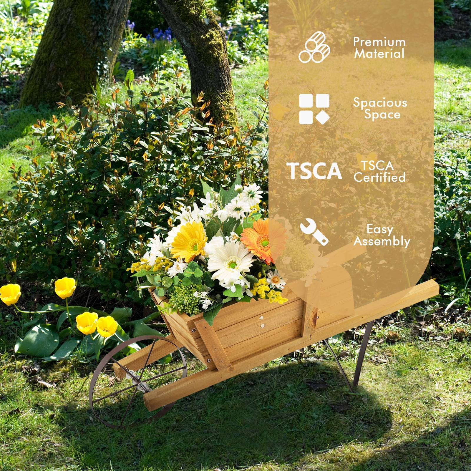 Topbuy Flower Pot Wheelbarrow Planter Solid Pine Wood Wagon Planter w/ Triangular Metal Support 2 Energy-saving Handles Movable Whee Walnut