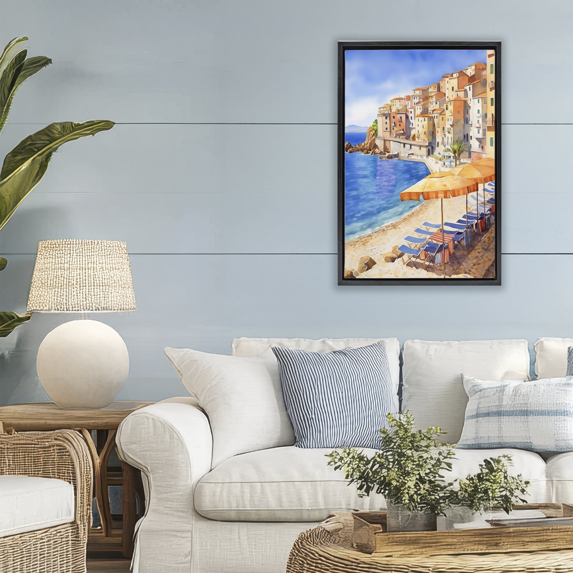 Stupell Industries Beach Lounging on Mediterranean Shore Black Framed Floater Canvas Wall Art, design by Creative Studio